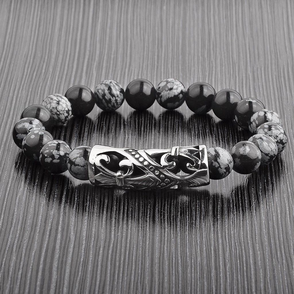 Snowflake Agate Stone Beaded Stretch Bracelet - Black/Gray/Silver