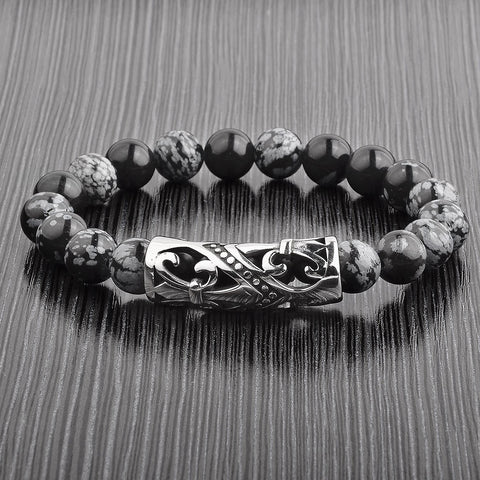 Snowflake Agate Stone Beaded Stretch Bracelet - Black/Gray/Silver