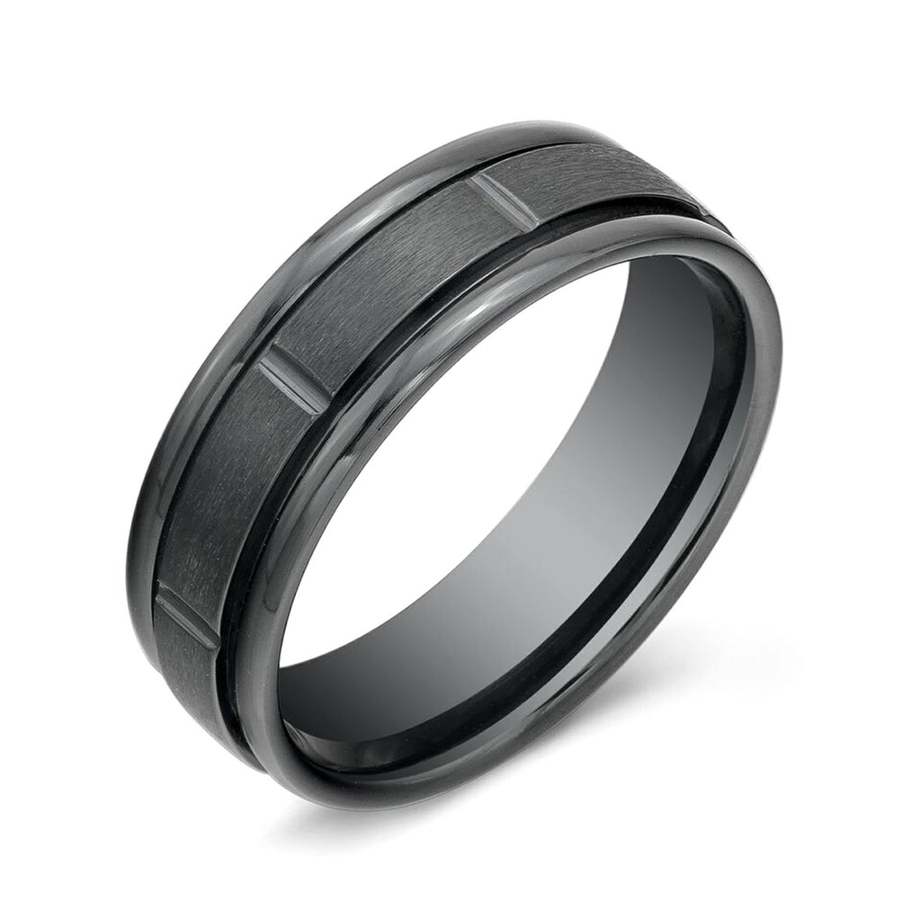 Matte Groove Lined Comfort Fit Ring - Black