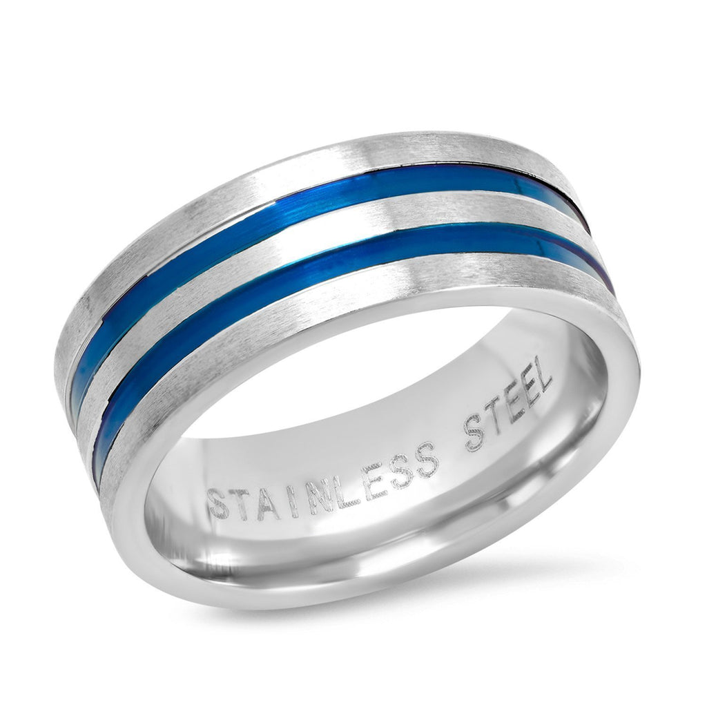 Two-Tone Stainless Steel Band Ring - Silver / Blue