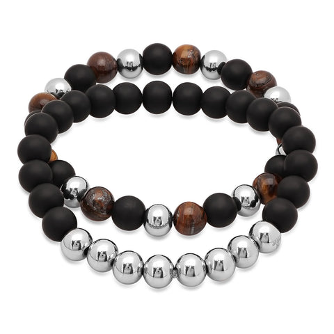 Tiger Eye- Black Lava Beaded Bracelet- Black /Silver/Brown