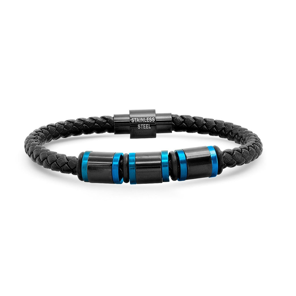 Braided Leather-Stainless Steel Bracelet-Blue/ Black