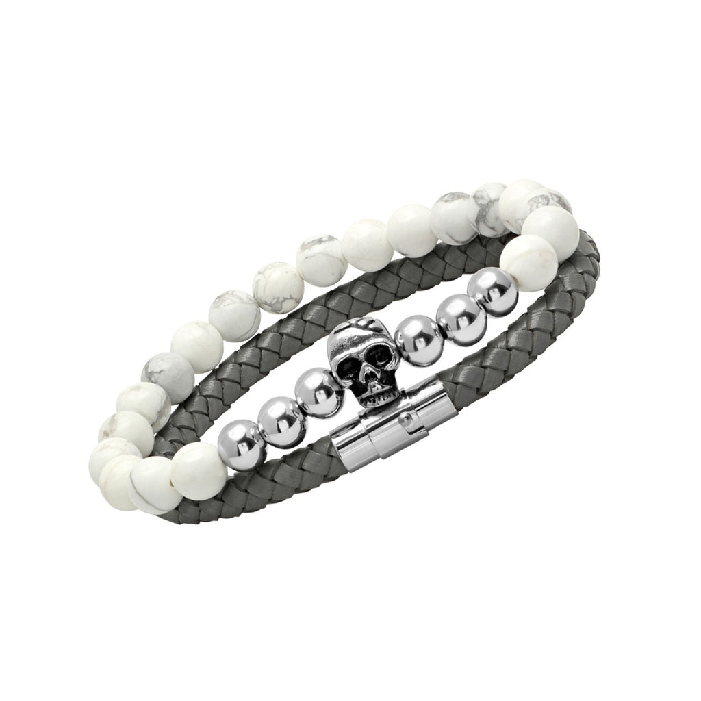 Leather Braided Bracelet-Skull Marble Beaded Bracelet-Gray/White