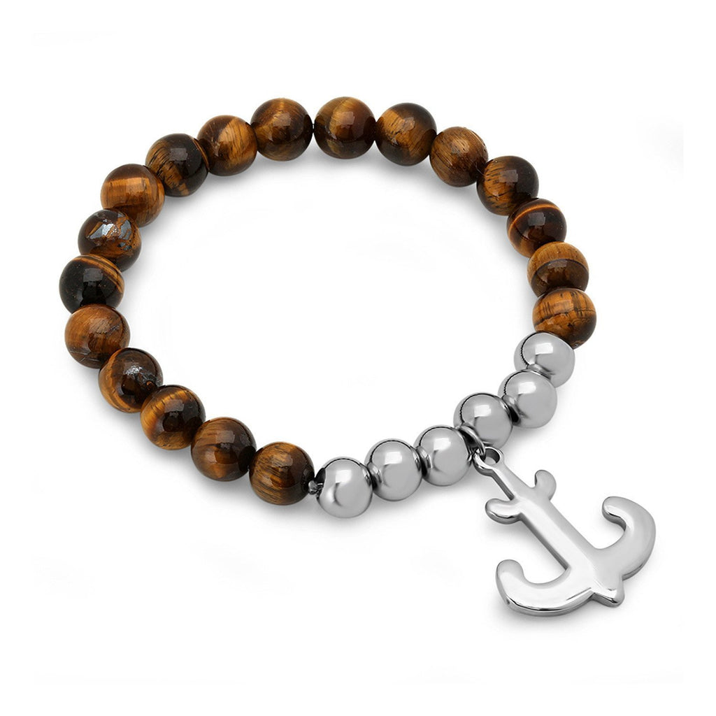 Tiger's Eye - Stainless Steel Anchor Charm Bracelet - Brown / Silver